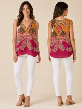 CeCe Sleeveless Floral V-Neck Tank Top - Pink & Orange